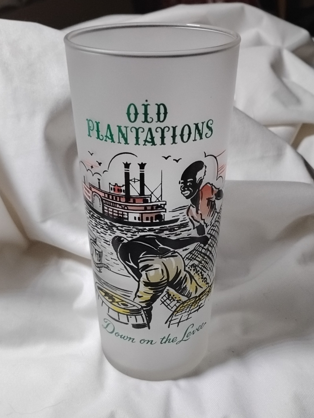 Libbey frosted graphic highball Glass "Old Plantations Down on the Levee"